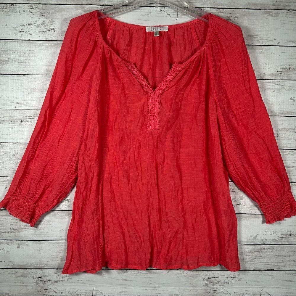 Spense Crinkle Coral Rayon Polyester Blouse L Elastic 3/4 Sleeve